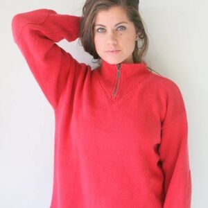 Vintage LL Bean Women’s 100% Cotton Knit 1/4 Zip 70s-90s Sweater Red Pink Medium